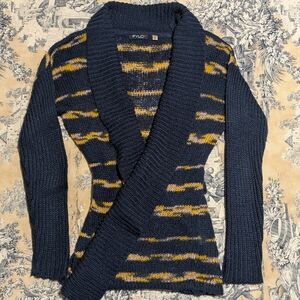 FYLO Women's Striped Navy and Yellow Cardigan
